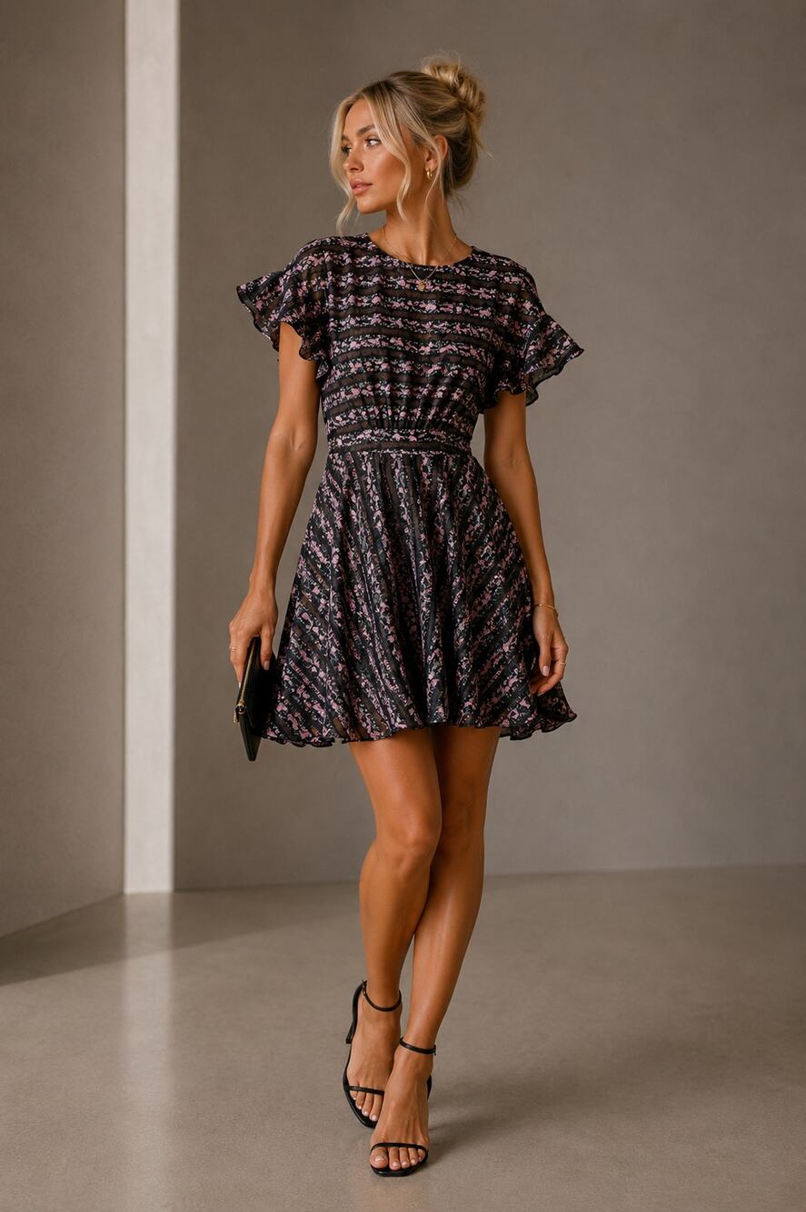 Jill Stuart Black Pink Floral Striped Ruffled Dress Womens 10 A Line Party